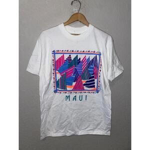 Vintage Maui Hawaii Shirt Eyecatcher Geometric Artwork Print White Large Art Tee